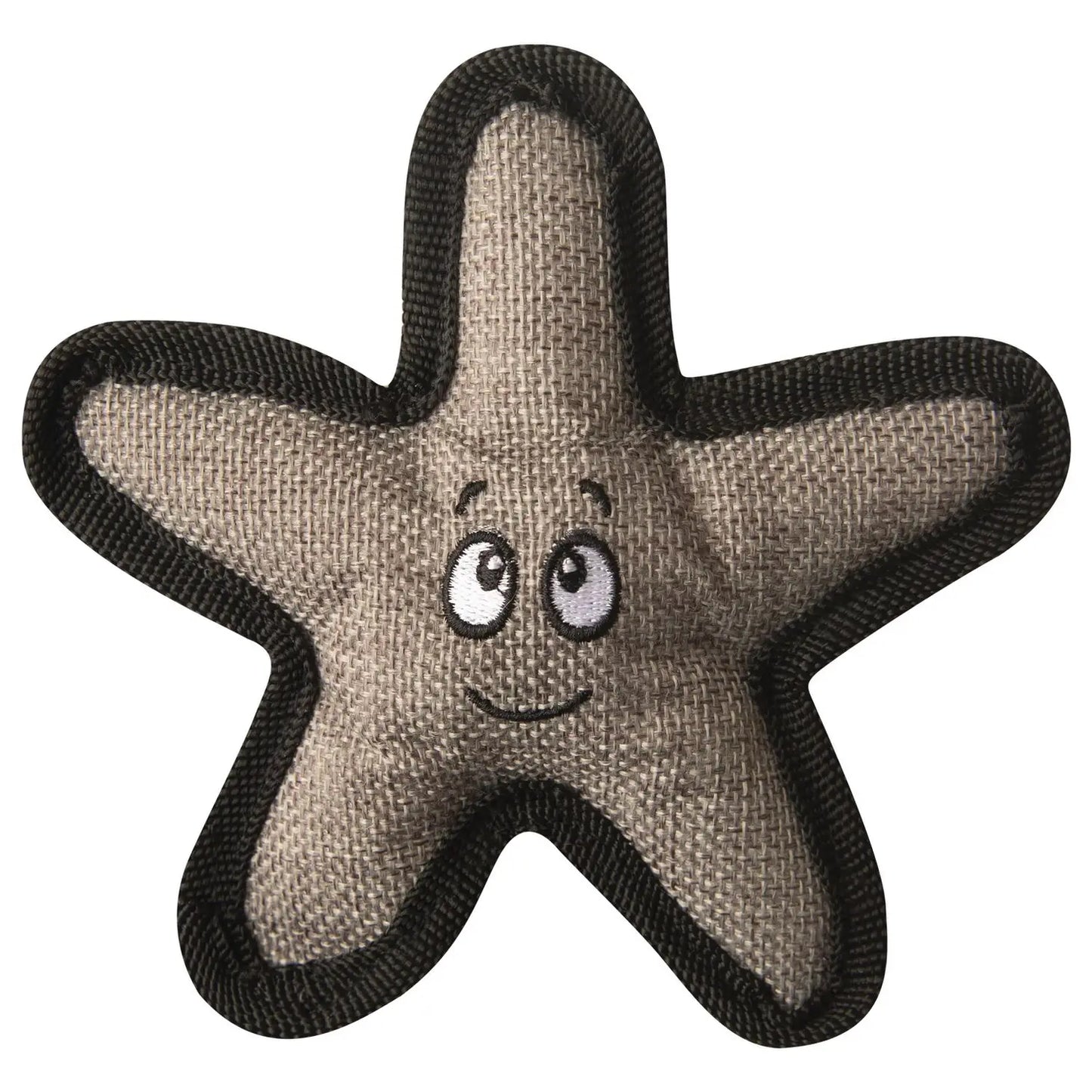 A crinkly starfish dog toy that has a big smile made out of environmentally friendly materials