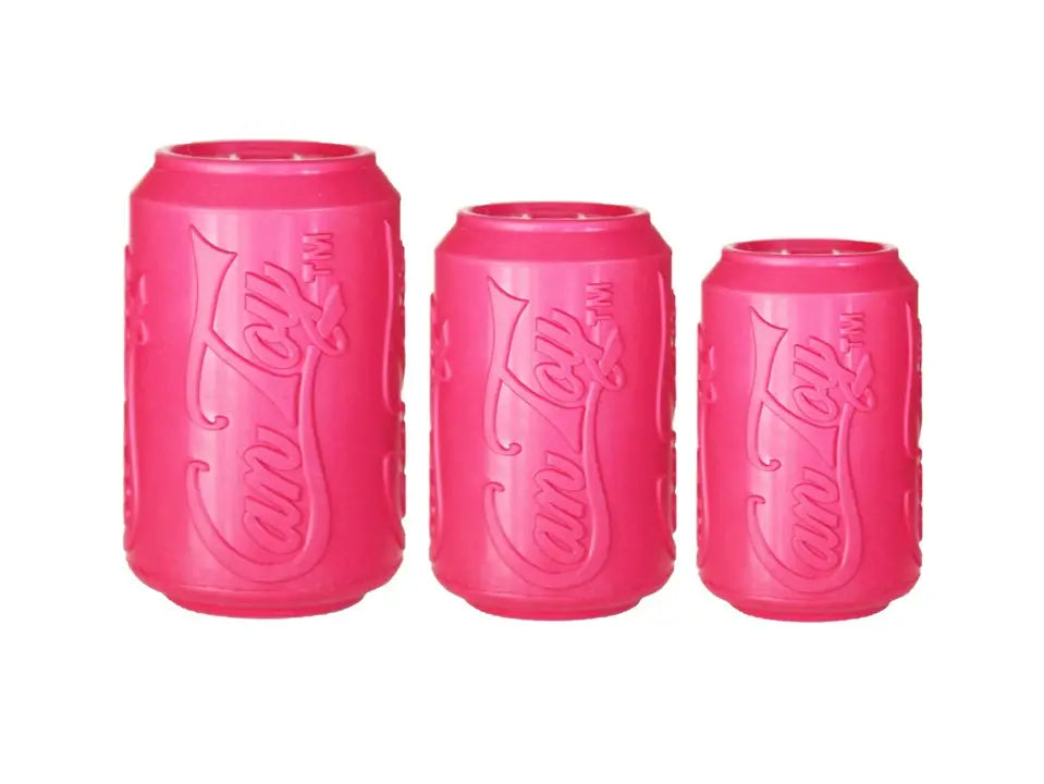 Three soft pink rubber can dog toys lined up from biggest to smallest.