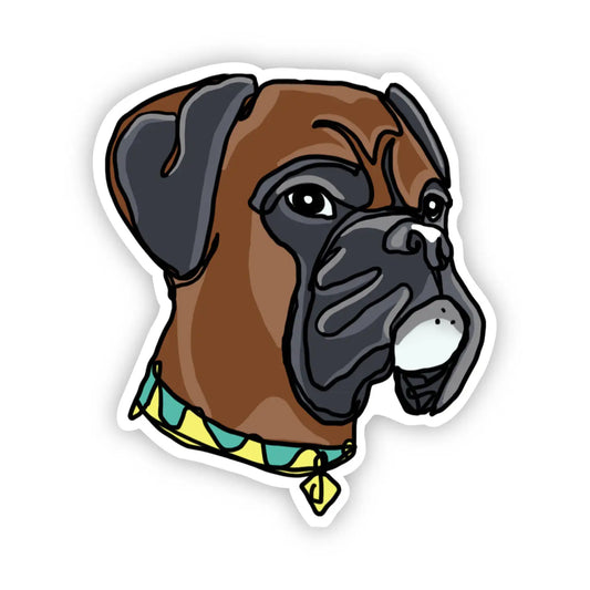 Isolated vinyl sticker of a Boxer breed of dog that is wearing a green and yellow collar