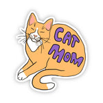 Vinyl sticker of an orange cat with its eyes closed and smiling. The text on the cat is purple and reads "Cat mom".