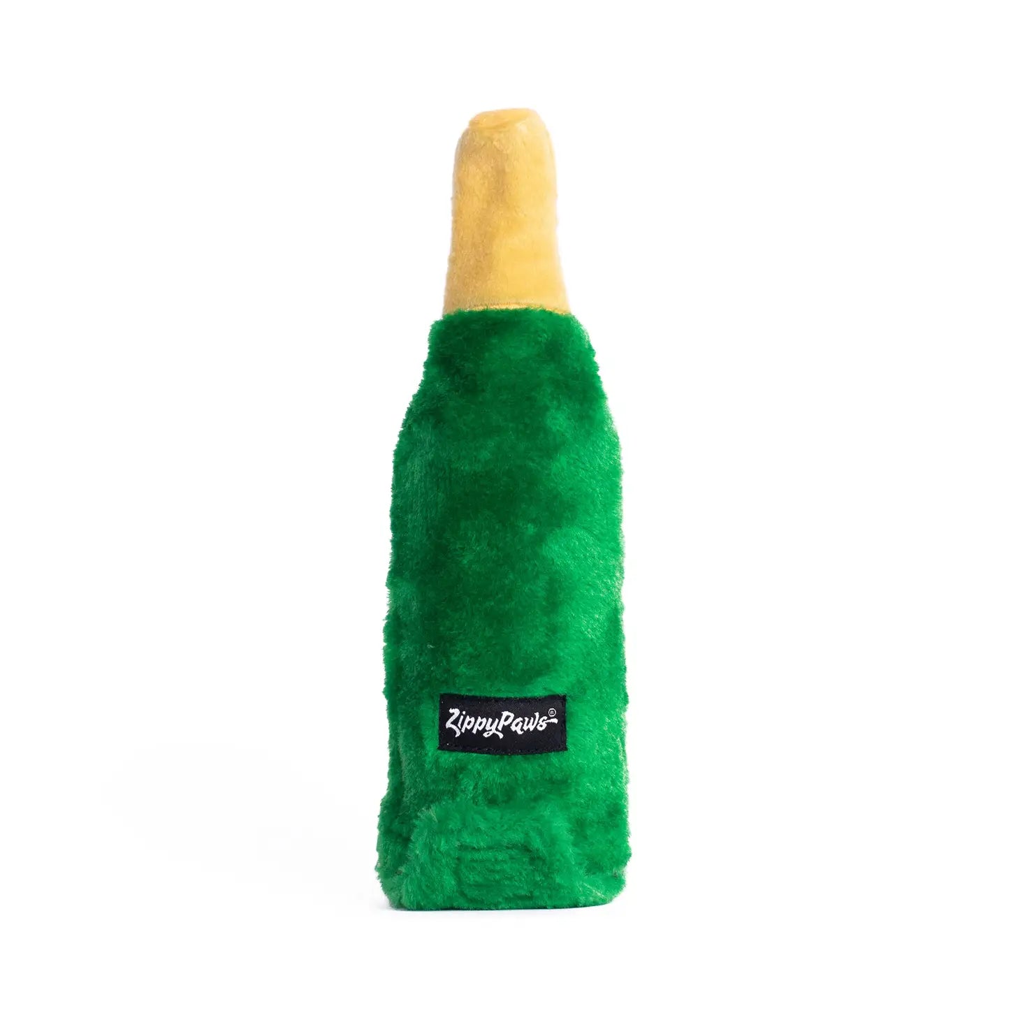 Back view of a plushy green champagne bottle dog toy.