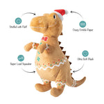 The Cookie-saurus dog toy is stuffed with fluff, has crazy crinkle paper, has a super loud squeaker and has ultra soft plush