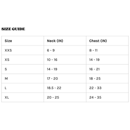 Cow Print dog harness sizing chart that reads: Size XXS XS S M L XL Nick (IN) 6-9 10-16 14-19 17-20 18.5-22 20-25 Chest (IN) 8-11 14-19 16-21 18-25 22-33 24-35