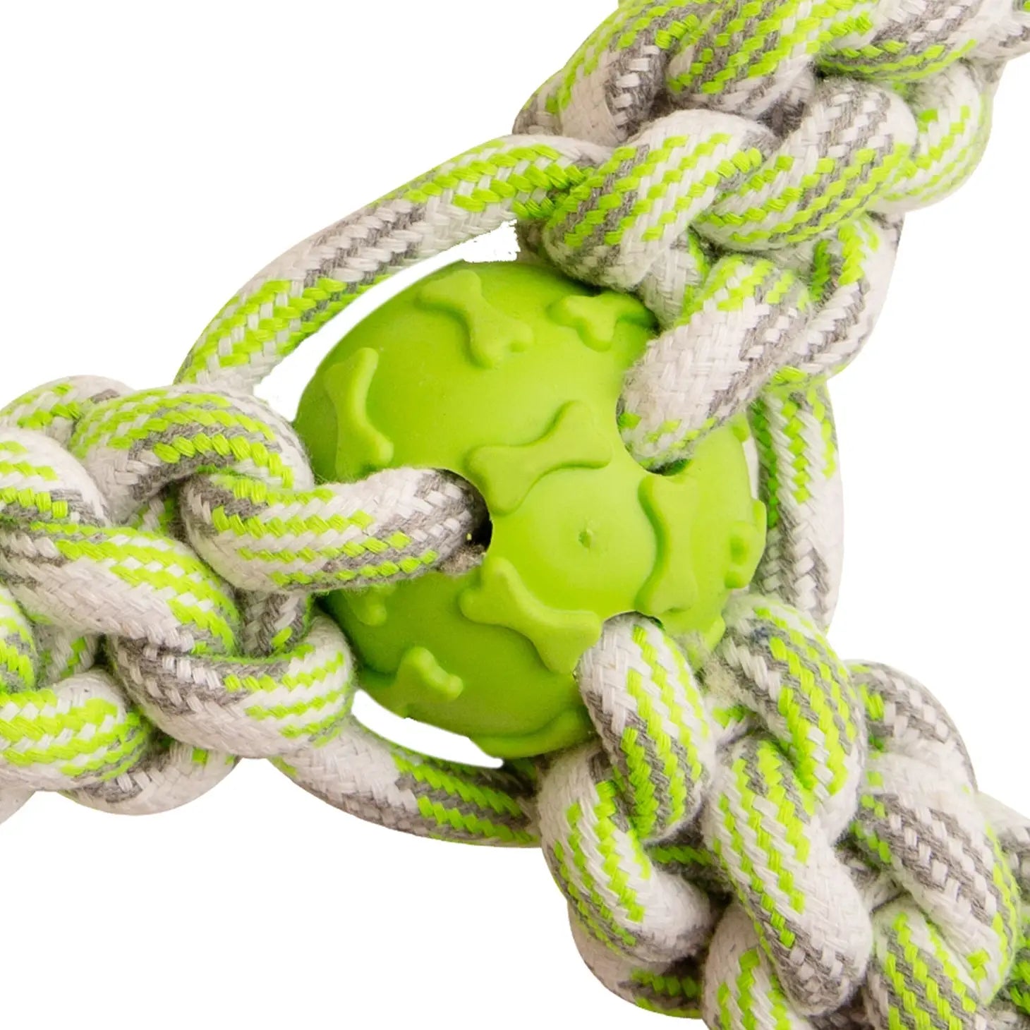 Close up of Fling N' Fun Rope Dog Toy is a braided rope dog toy with a green ball in the center