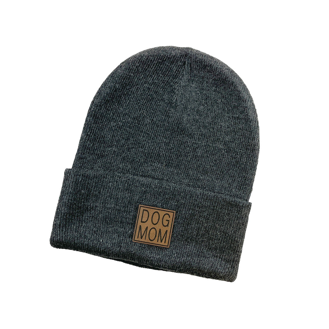 grey beanie hat with a leather patch that says dog mom