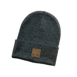 grey beanie hat with a leather patch that says dog mom