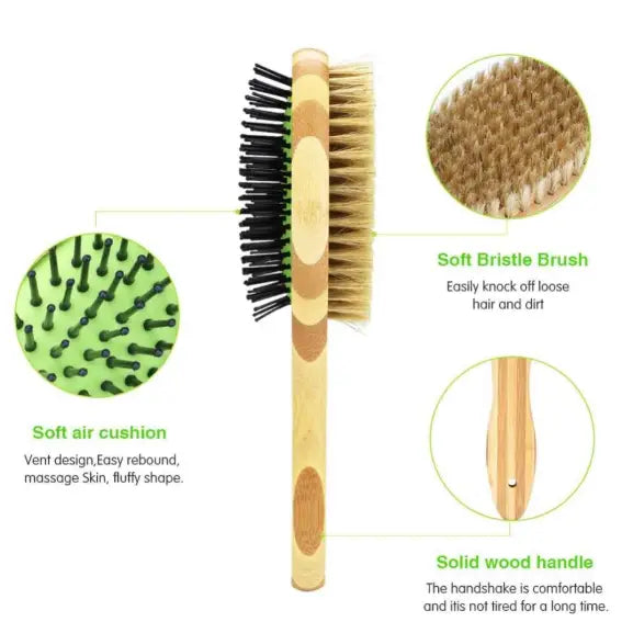 Features of the dual-sided bamboo brush including Soft bristle, soft air cushion, and a solid wood handle