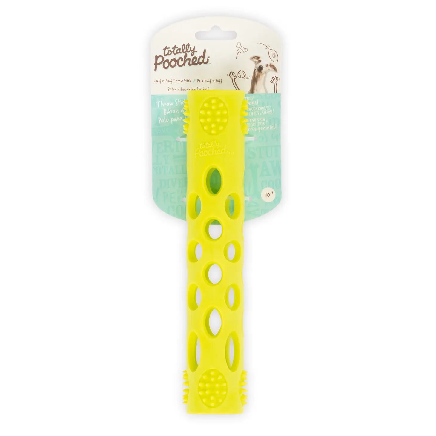 Bright green Huff'n Puff Throw Stick dog toy and its packaging