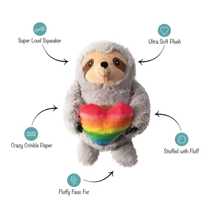 Follow Your Rainbow Sloth Dog Toy - Super Loud Squeaker Ultra Soft Plush Crazy Crinkle Paper Stuffed with Fluff Fluffy Faux Hair