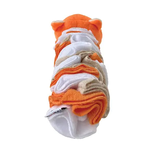 Rear view of the bright orange Fox Snuffle dog toy