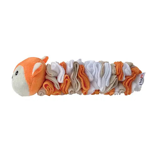 Side view of the bright orange Fox Snuffle dog toy