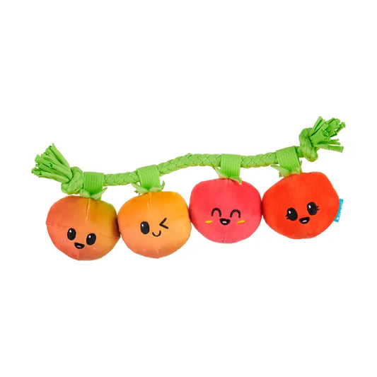 Four individual tomato toys each with different cut smiley faces all connected by a green pull-through t-shirt rope