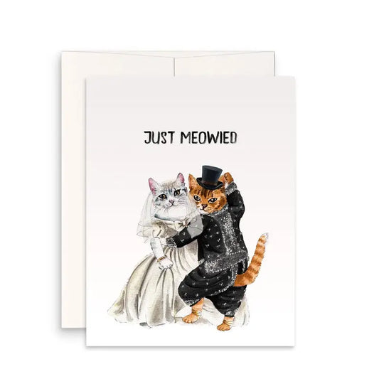 Just Meowied card showing a bride and groom cat dancing