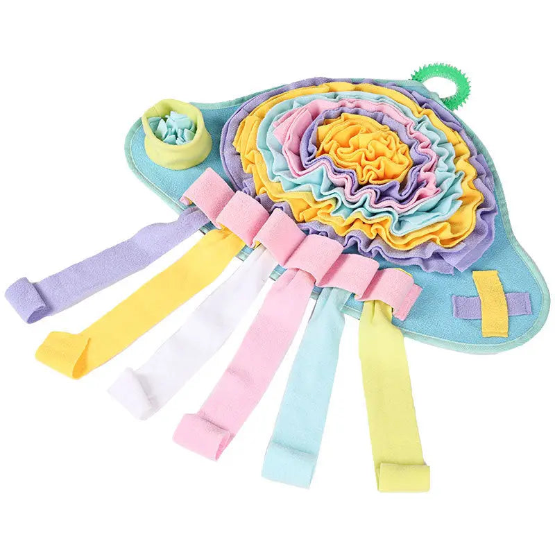 Mushroom Snuffle Mat with various colorful unfolded ribbons
