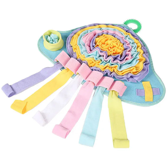 Mushroom Snuffle Mat with various colorful unfolded ribbons