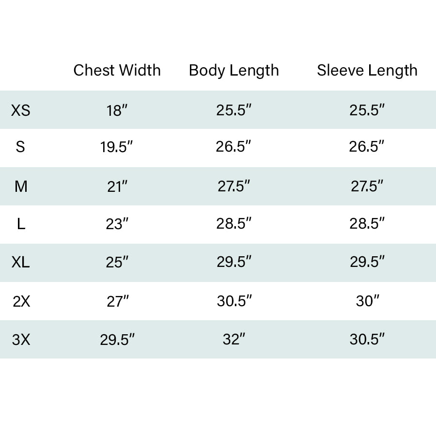 unisex sweatshirt sizing chart. X-Small chest width is 18", body and sleeve length is 25.5". Small chest width is 19.5", body and sleeve length is 26.5". Medium chest width is 21", body and sleeve length are 27.5". Large chest width is 23", body and sleeve length is 28.5". X-Large chest width is 25", body and sleeve length is 29.5". 2XL chest width is 27", body length is 30.5", and sleeve length is 30". 3XL chest width is 29.5", body length is 32" and sleeve length is 30.5"