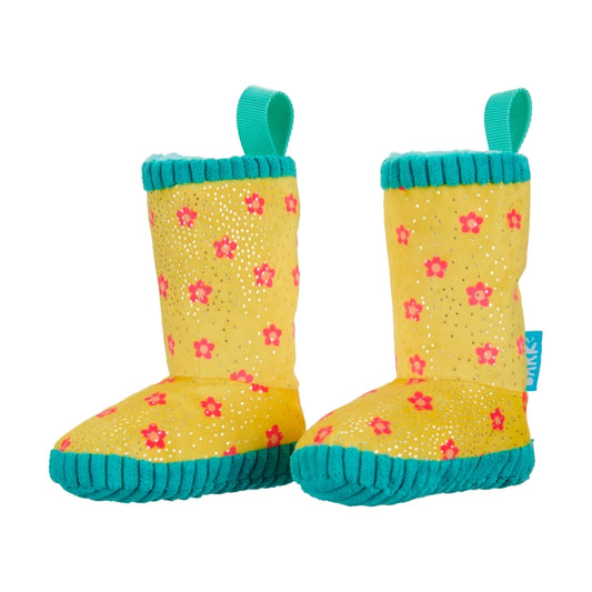 Isolated picture of Smelly Wellies dog toys which consists of two seperate yellow rain boots with teal trim and a pink flower pattern