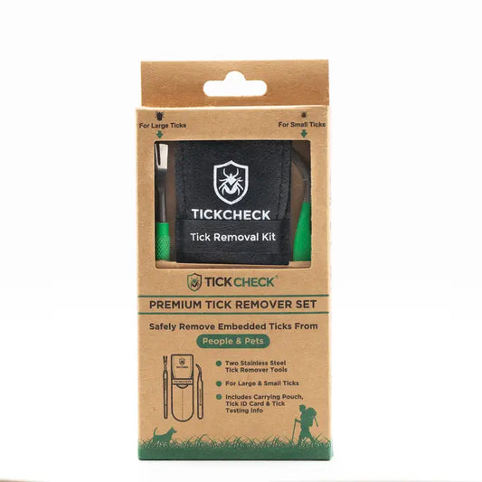 Isolated TICKCHECK Tick Removal Kit - Safely Remove Embedded Ticks From People & Pets -Two Stainless Steel Tick Remover Tools - For Large & Small Ticks -Includes Carrying Pouch, Tick ID Card & Tick Testing Info