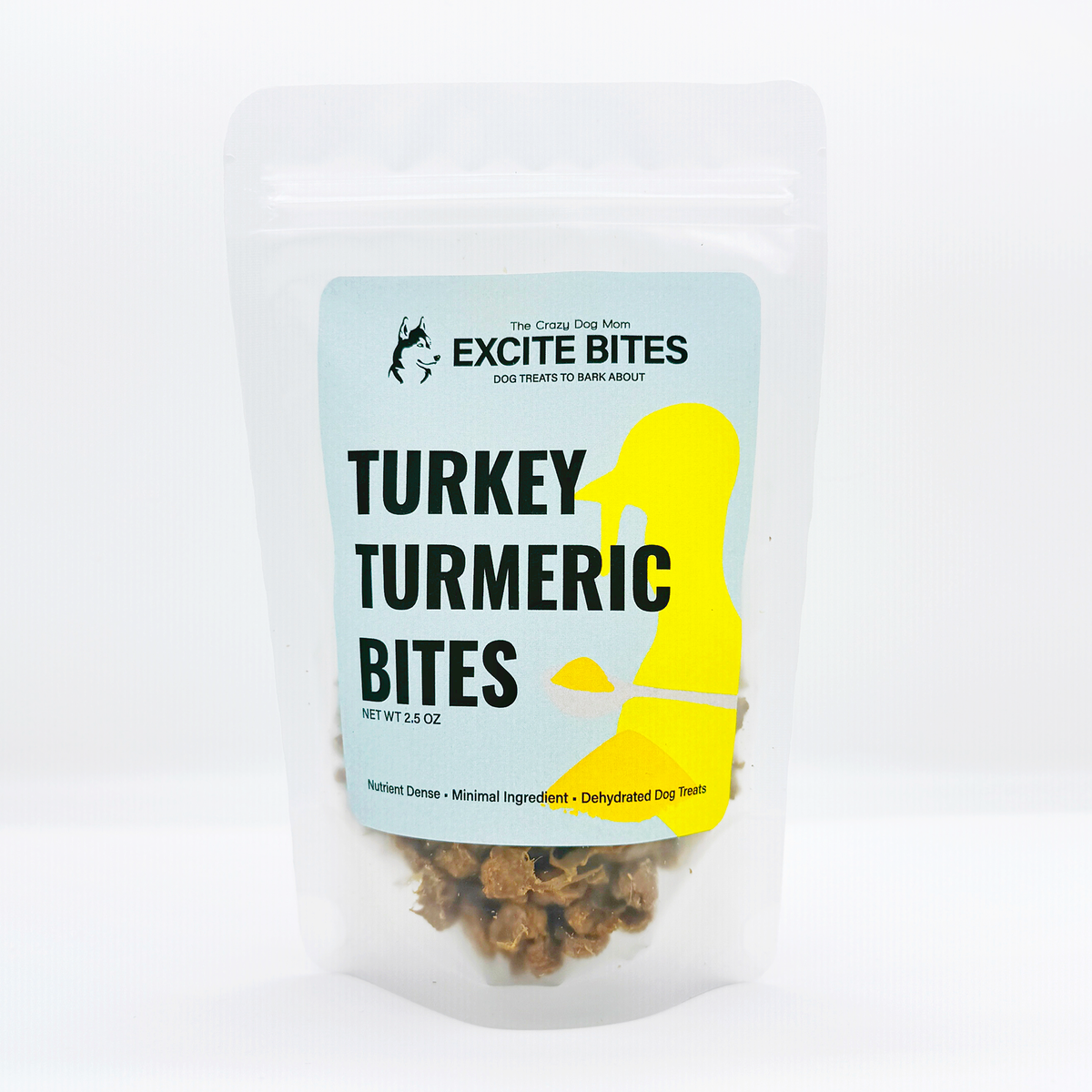 Bag of dehydrated turkey turmeric Excite Bites dog treats