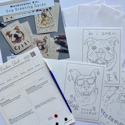 Watercolor Kit: Dog Greeting Cards various uncolored dog greeting cards.
