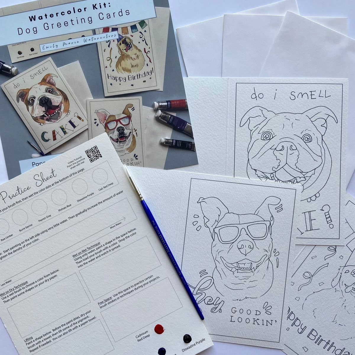 Watercolor Kit: Dog Greeting Cards various uncolored dog greeting cards.