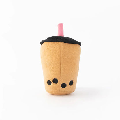 Back view of Isolated boba tea plush toy with a pink straw.