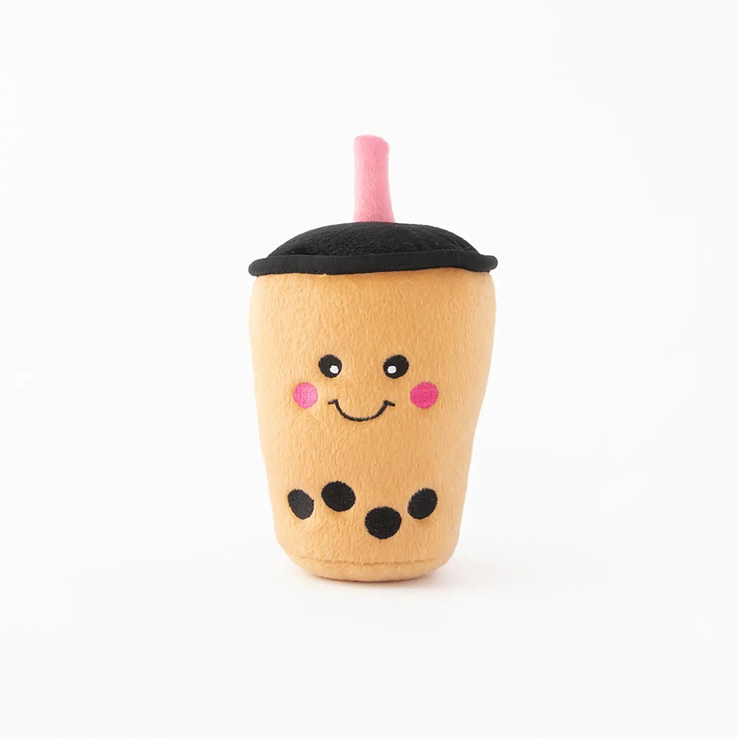 Isolated boba tea plush toy with a pink straw. The boba tea cup has a big smile and rosey cheeks