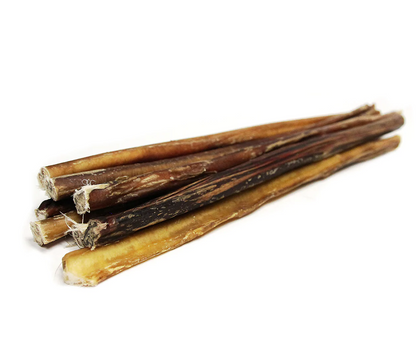 12" bully stick, tough chew for dogs arranged in a bundle