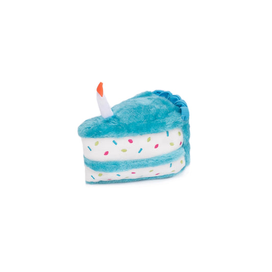 blue, plush birthday cake slice shaped dog toy