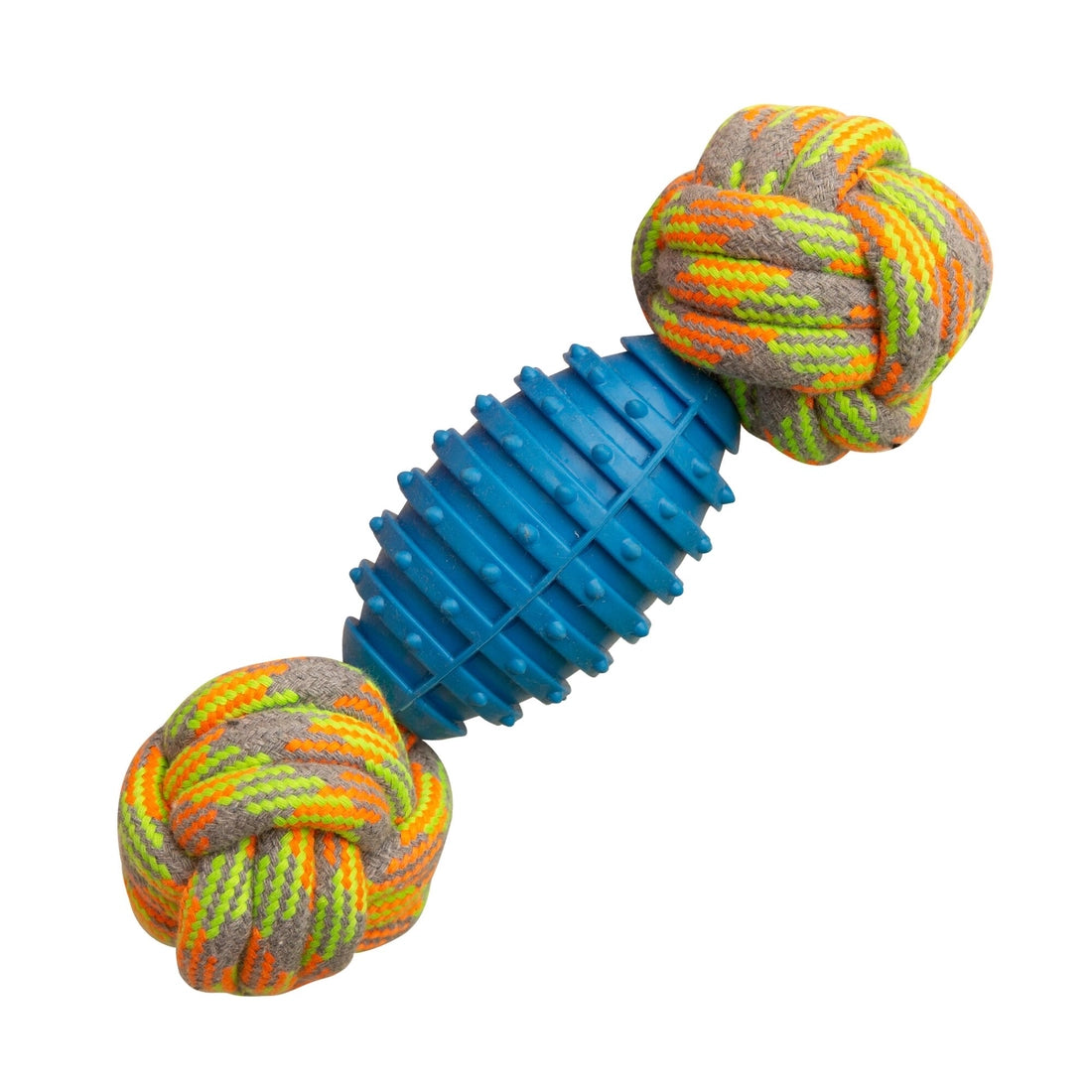 blue rubber dog toy with two green, orange, and grey rope knot balls on each end