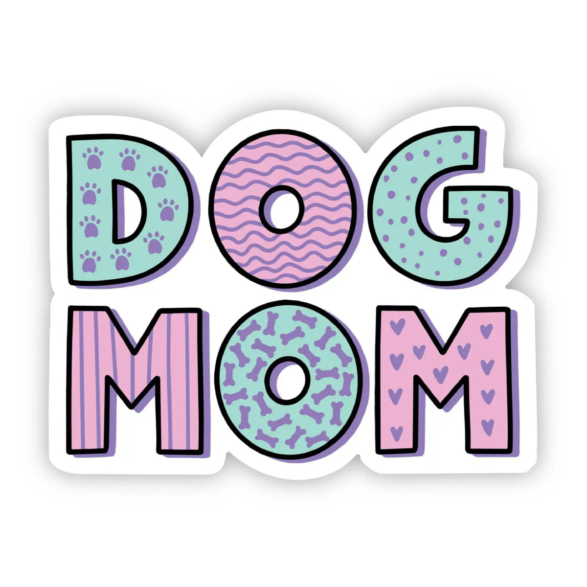 dog mom sticker in pink, light purple, and mint colors