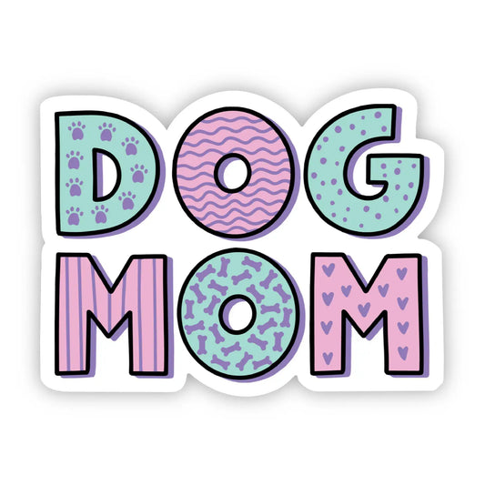 dog mom sticker in pink, light purple, and mint colors