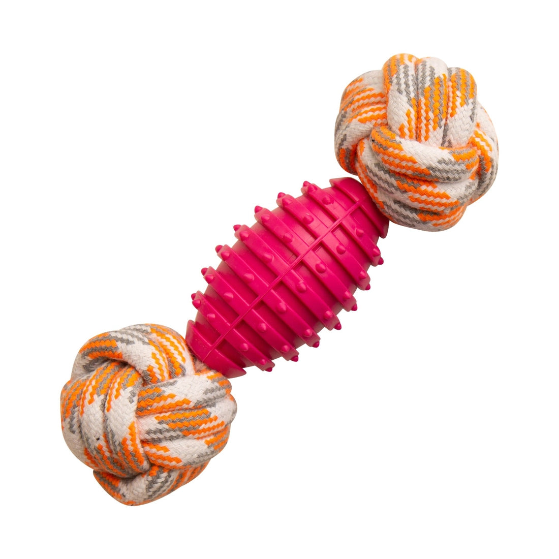 pink rubber dog toy with two orange and white rope knot balls on each end