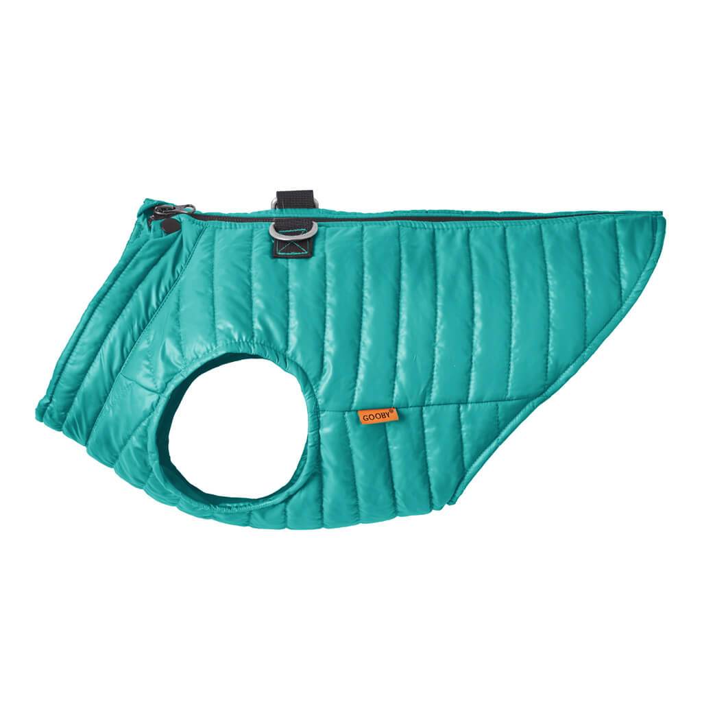 Side view of a teal Puffy Dog Vest
