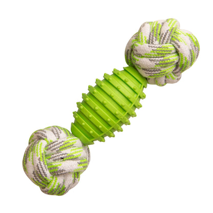 green rubber dog toy with two green and white rope knot balls on each end