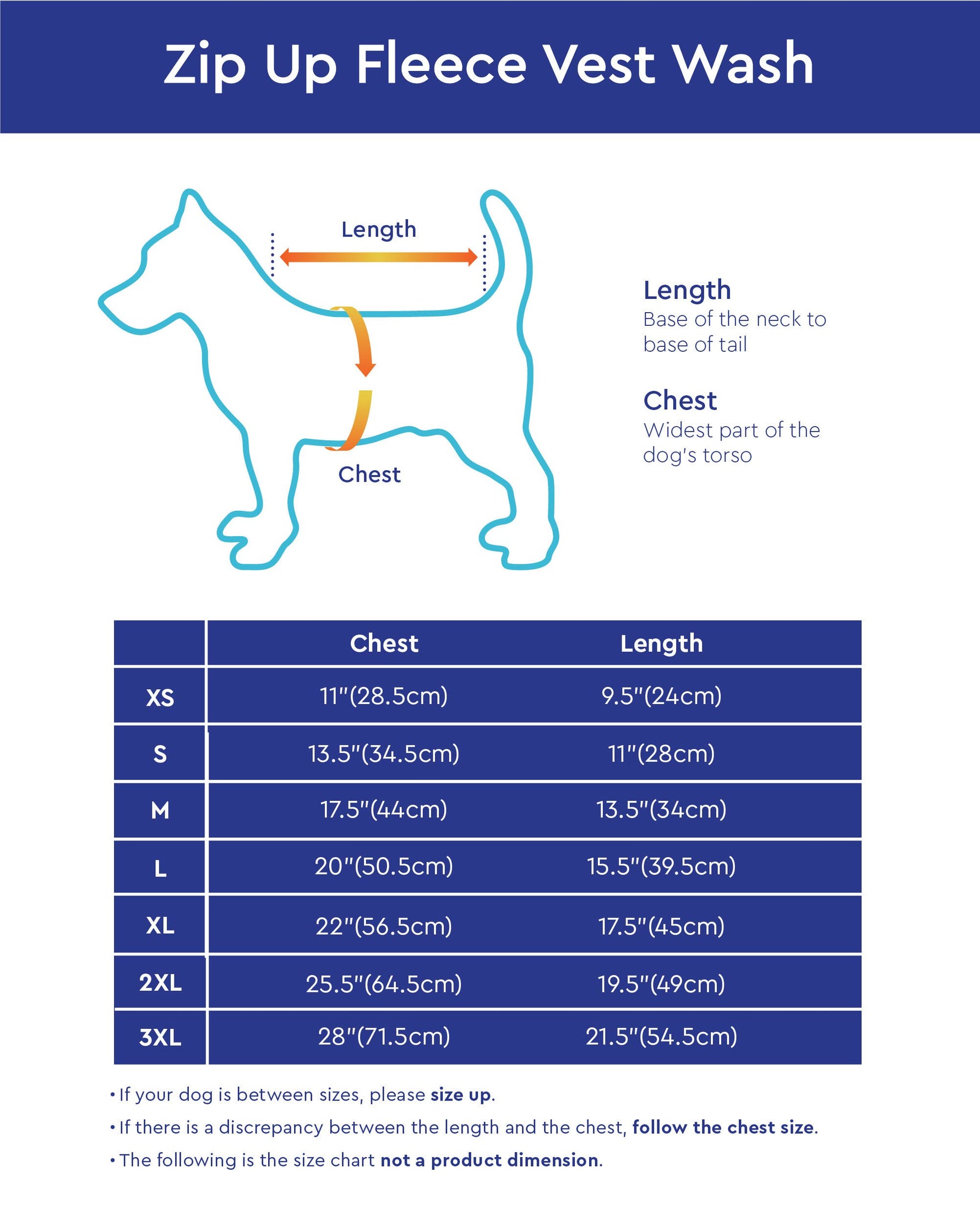 sizing chart for the zip up fleece vest