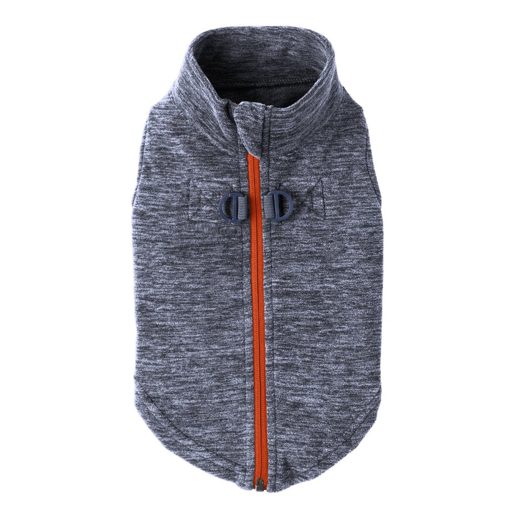 blue/grey and white fleece zip-up dog vest with orange zipper