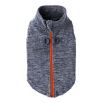 blue/grey and white fleece zip-up dog vest with orange zipper