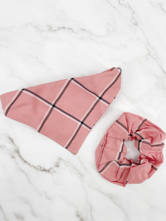 soft pink plaid dog bandana with a matching scrunchie