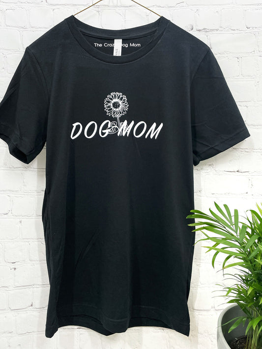 dog mom sunflower t-shirt white white text on a black shirt