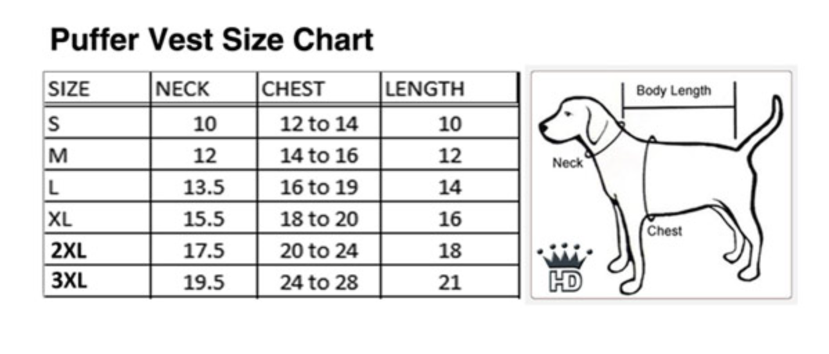 green bay packer puffy dog vest sizing chart