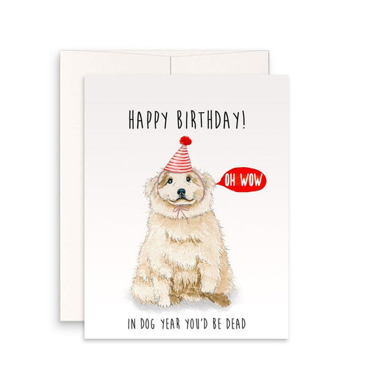 happy birthday card that says "oh wow in dog years you'd be dead" with a drawing of a white fluffy dog wearing a party hat