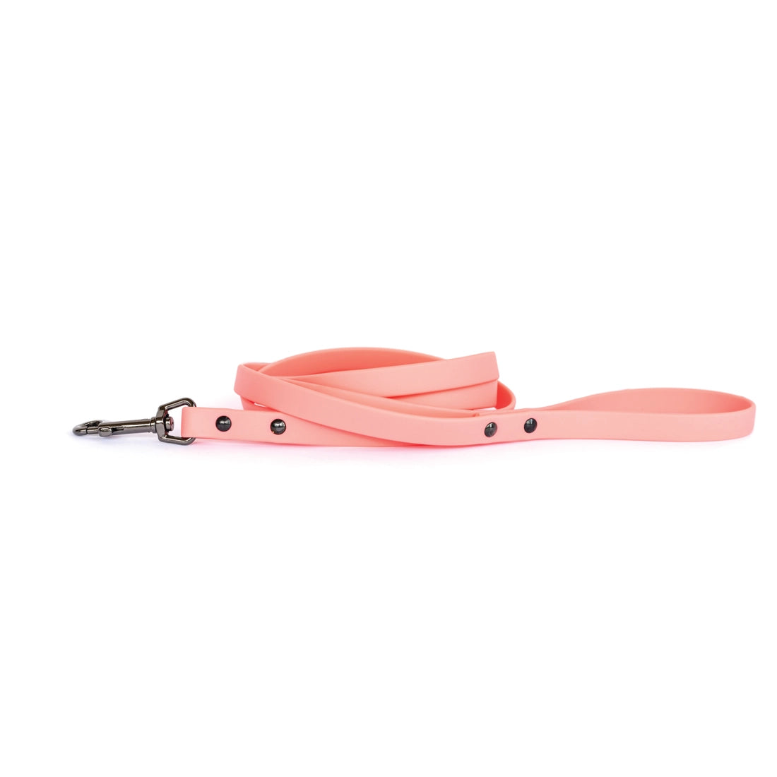coral pink biothane dog leash with black hardware