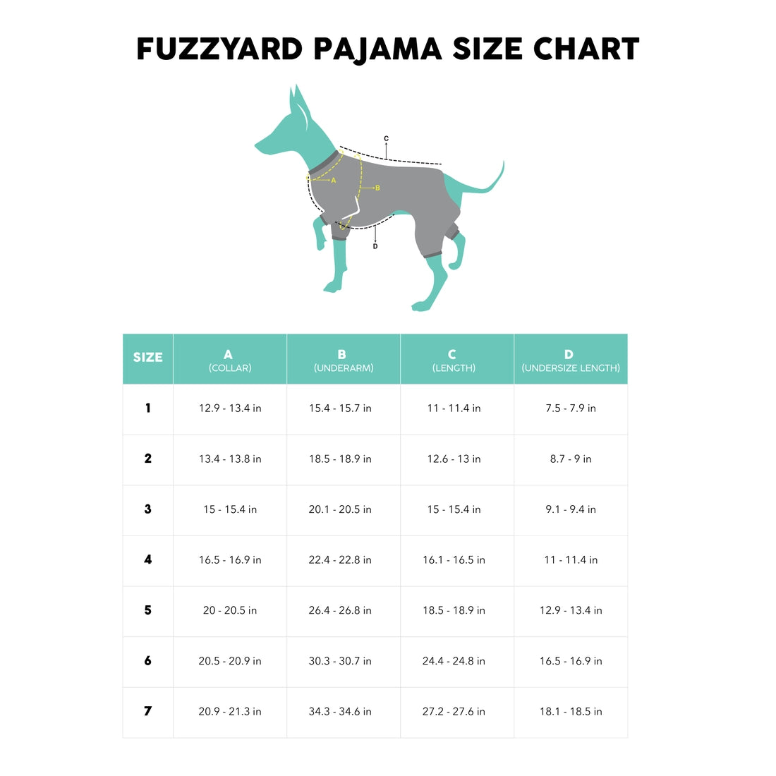 Reindeer dog Pajamas size chart