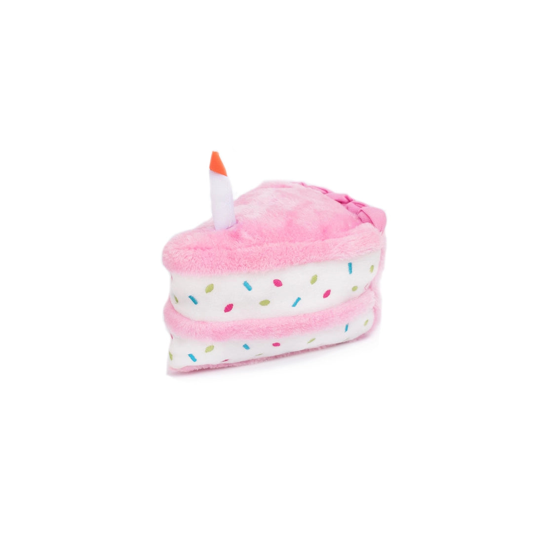 pink, plush birthday cake slice shaped dog toy
