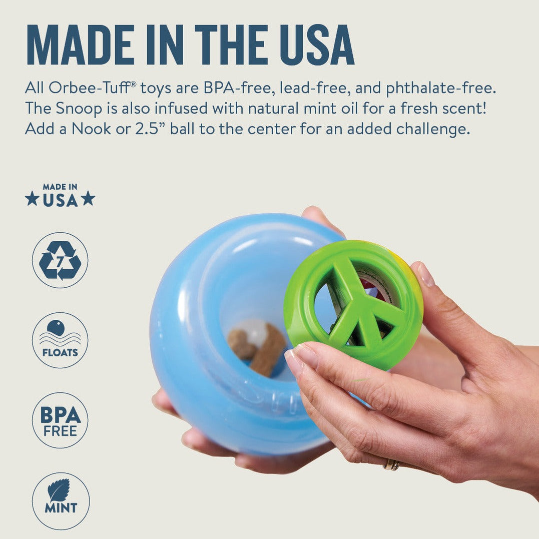 MADE IN THE USA All Orbee-Tuff toys are BPA-free, lead-free, and phthalate-free. The Snoop is also infused with natural mint oil for a fresh scent! Add a Nook or 2.5" ball to the center for an added challenge.