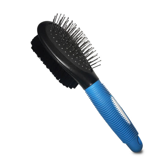double sided dog brush with soft bristles and round headed pin bristles