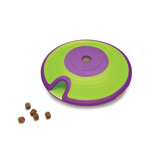 green and purple plastic treat dispensing dog toy