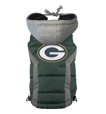 puffy green vest with grey hood and green bay packer logo patch on the back
