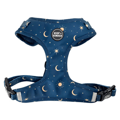 dark blue harness with light yellow sun, moon, and stars